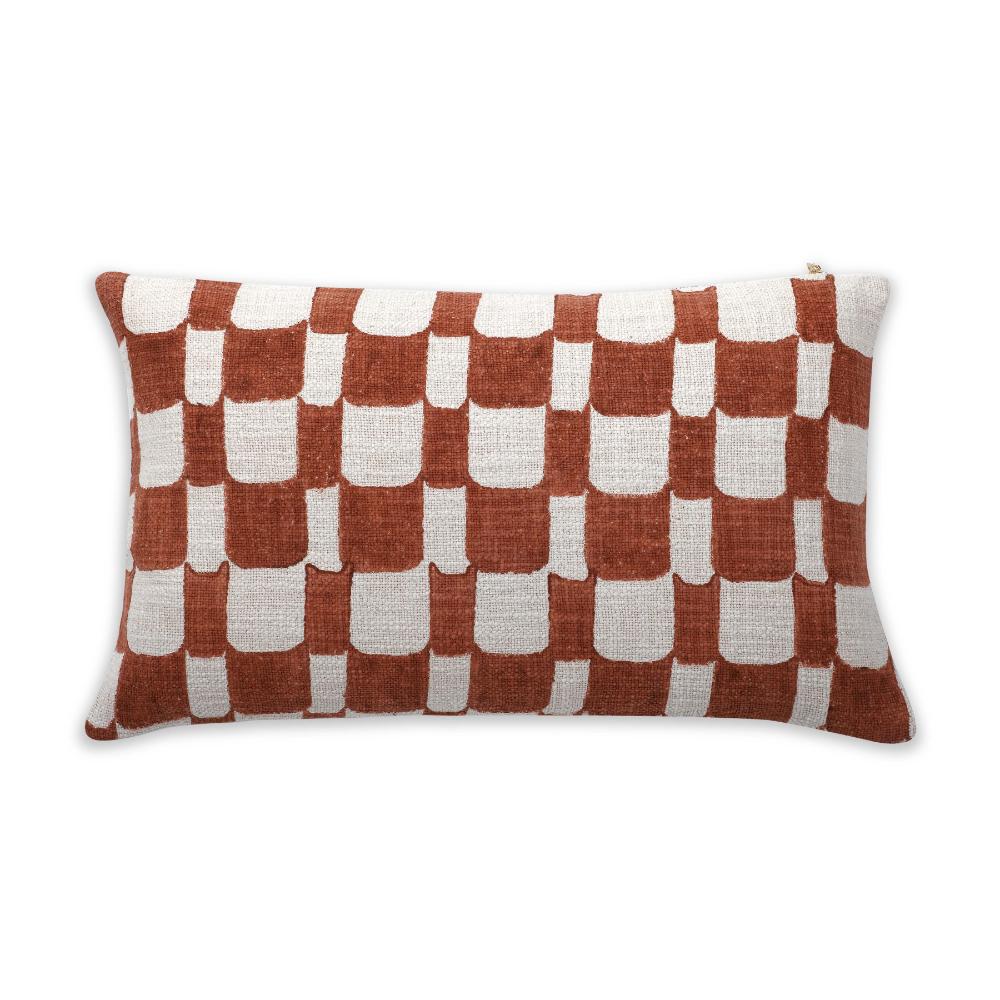 Checkered Block Printed Pillow - Rust